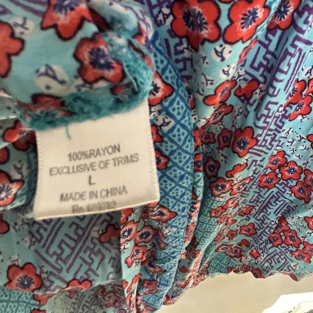 Josie Natori Kimono Robe Jacket Size Large Rayon Blue Floral Print Boho Hippie - Picture 11 of 11